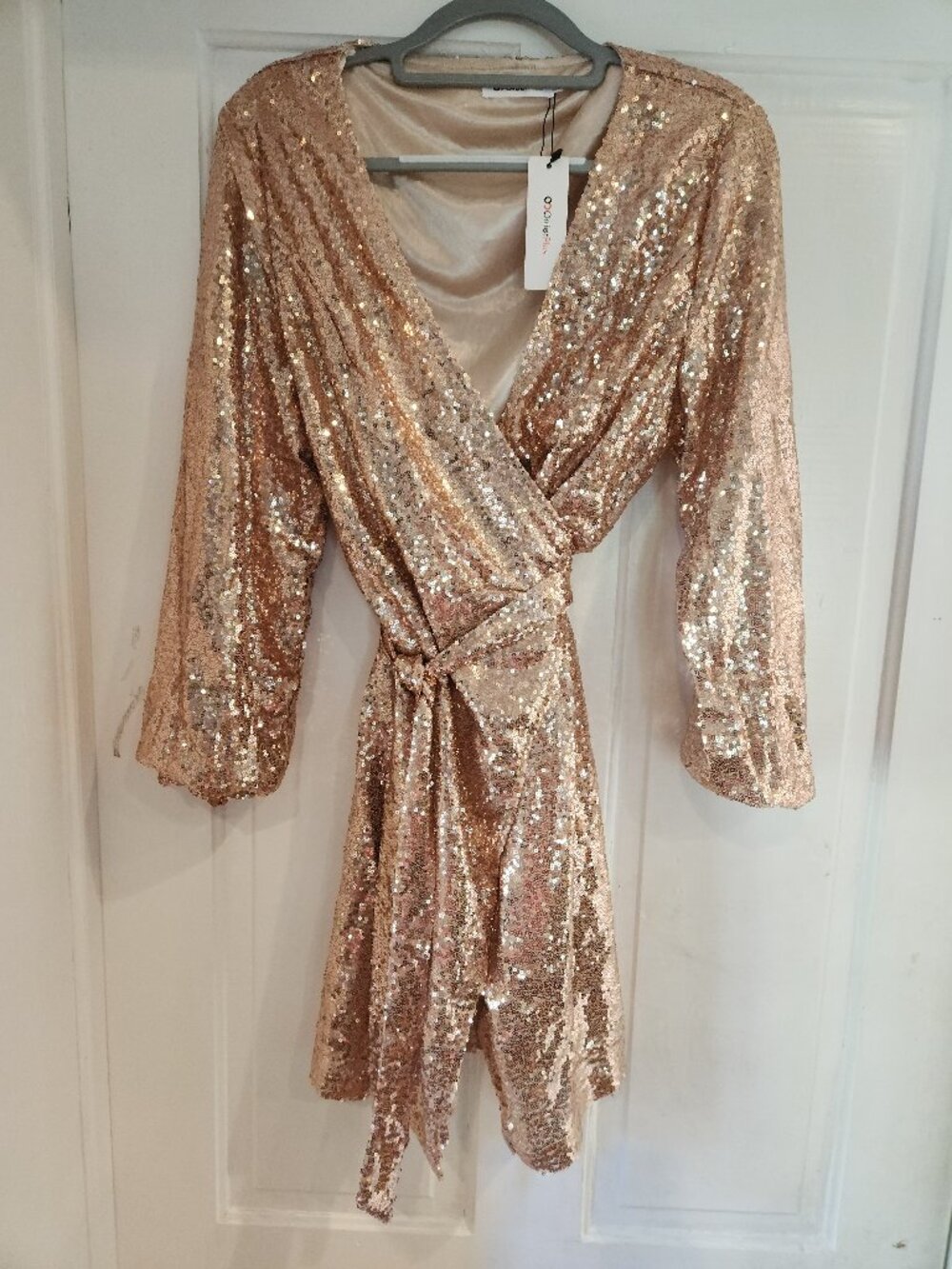 OrderPlus Rose Gold Sequin Wrap Mini-Dress – New With Tags Size XLOrderPlus Rose